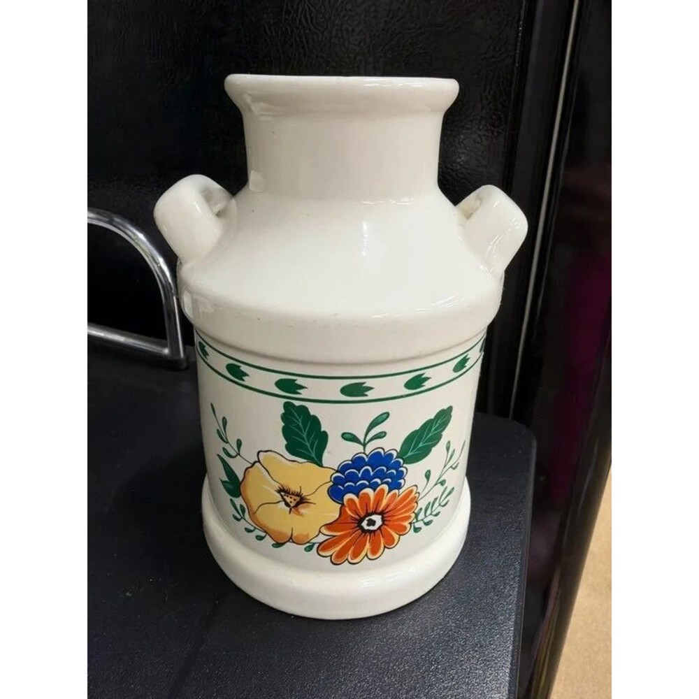 Vintage Ceramic Milk Can Vase Floral Farmhouse Country Kitchen Decor
